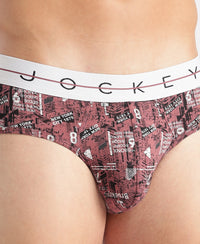 Super Combed Cotton Elastane Stretch Printed Brief with Ultrasoft Waistband - White, Black & Roan Rouge