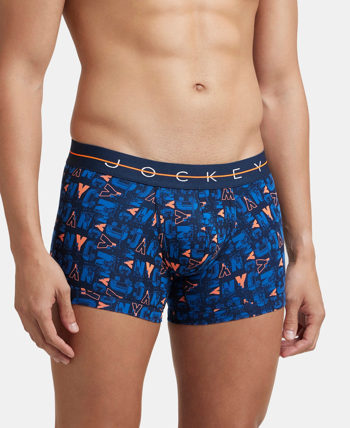 Super Combed Cotton Elastane Printed Trunk with Ultrasoft Waistband - Navy & Orange