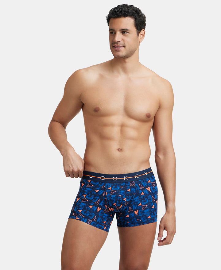 Super Combed Cotton Elastane Printed Trunk with Ultrasoft Waistband - Navy & Orange