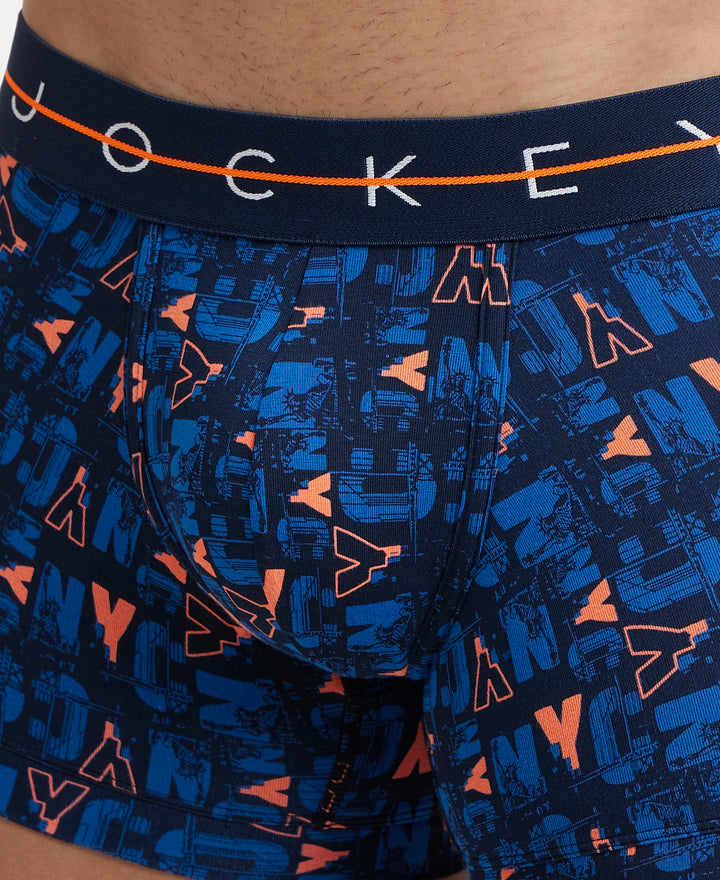 Super Combed Cotton Elastane Printed Trunk with Ultrasoft Waistband - Navy & Orange