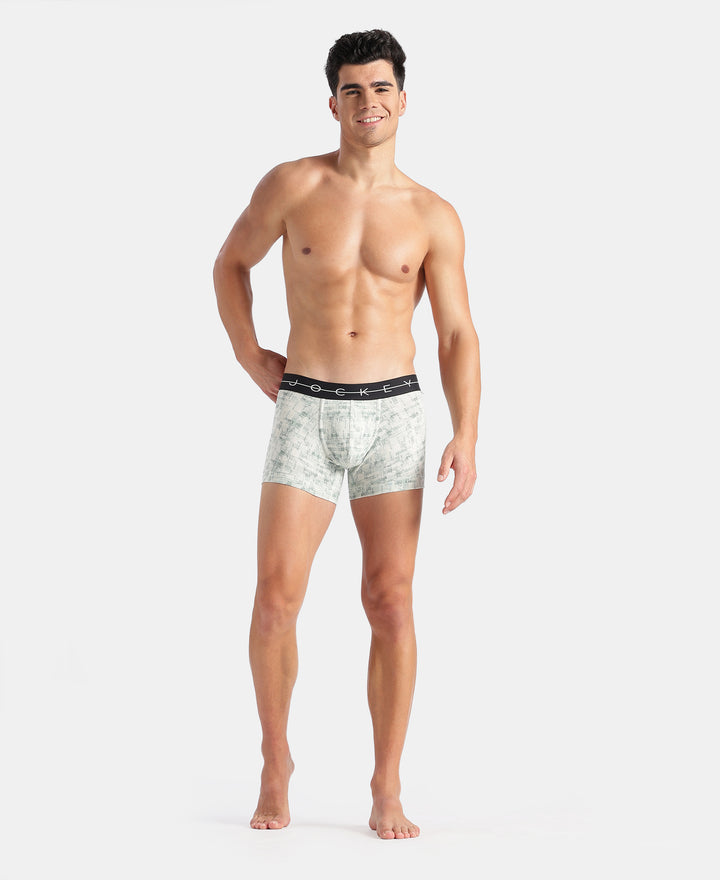 Super Combed Cotton Elastane Stretch Printed Trunk with Ultrasoft Waistband - White, Black & Jadeite