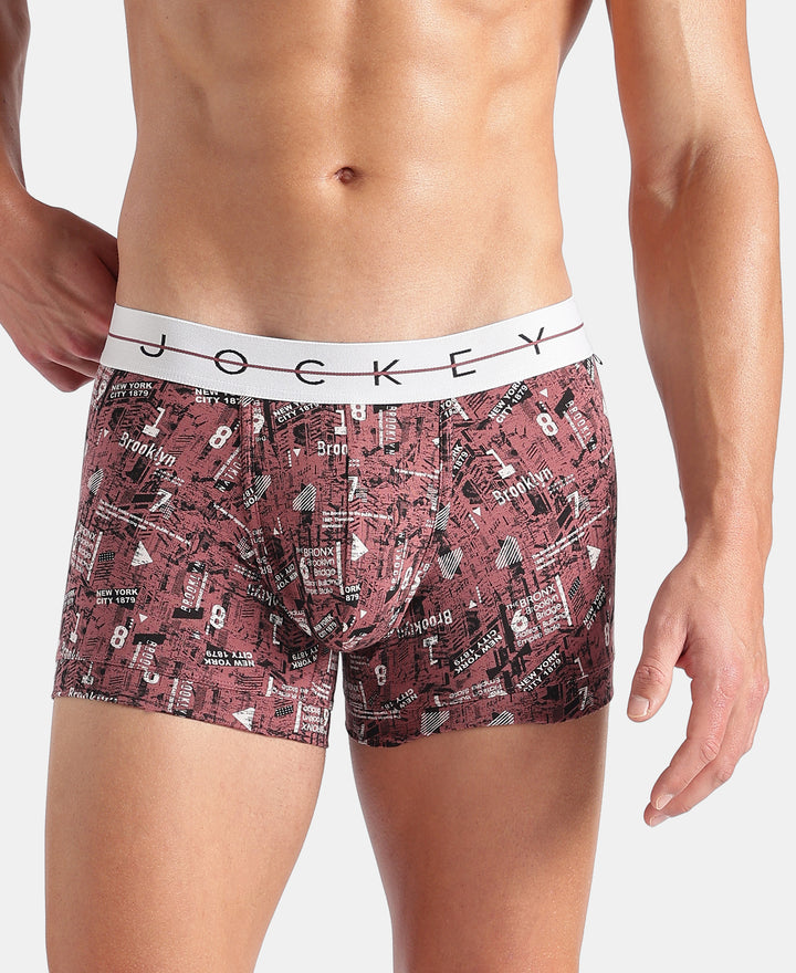 Super Combed Cotton Elastane Stretch Printed Trunk with Ultrasoft Waistband - White, Black & Roan Rouge