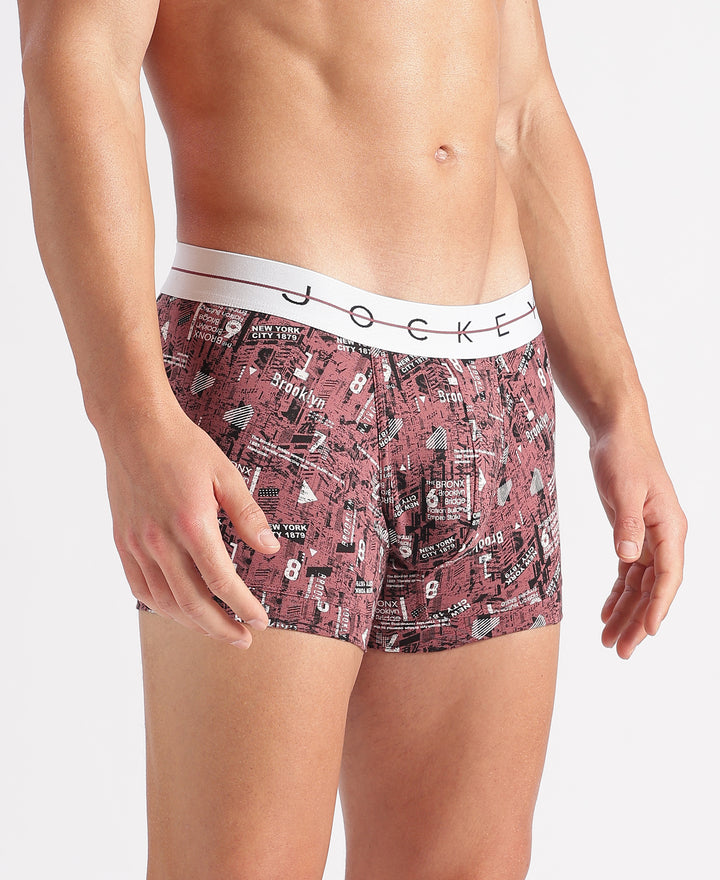 Super Combed Cotton Elastane Stretch Printed Trunk with Ultrasoft Waistband - White, Black & Roan Rouge