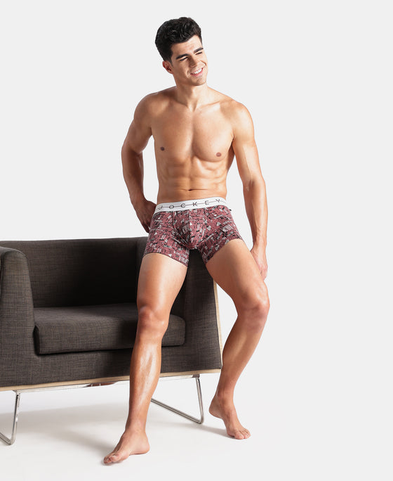 Super Combed Cotton Elastane Stretch Printed Trunk with Ultrasoft Waistband - White, Black & Roan Rouge