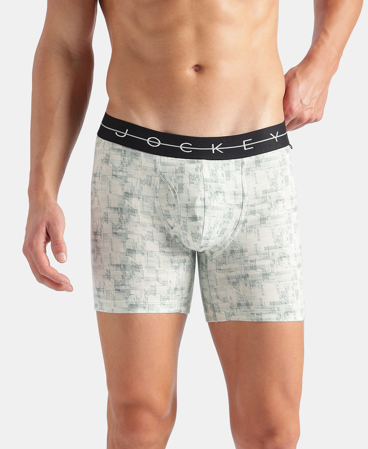 Super Combed Cotton Elastane Stretch Printed Boxer Brief with Ultrasoft Waistband - White, Black & Jadeite