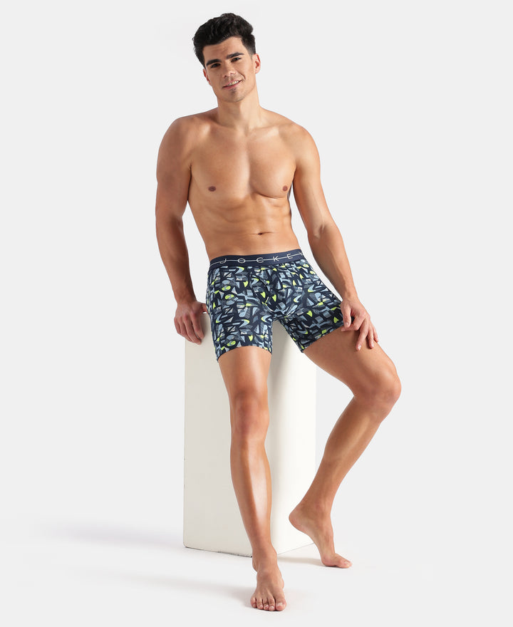 Super Combed Cotton Elastane Stretch Printed Boxer Brief with Ultrasoft Waistband - Navy, White & Dusk Blue