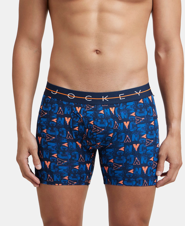 Super Combed Cotton Elastane Printed Boxer Brief with Ultrasoft Waistband - Navy & Orange