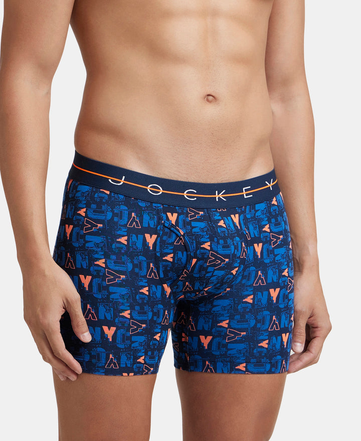 Super Combed Cotton Elastane Printed Boxer Brief with Ultrasoft Waistband - Navy & Orange