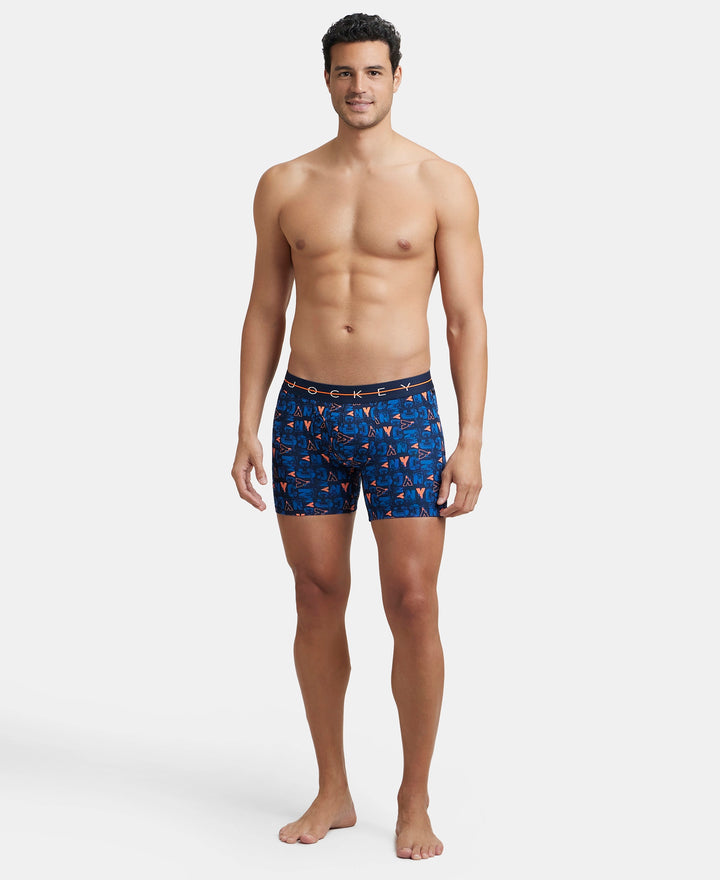 Super Combed Cotton Elastane Printed Boxer Brief with Ultrasoft Waistband - Navy & Orange