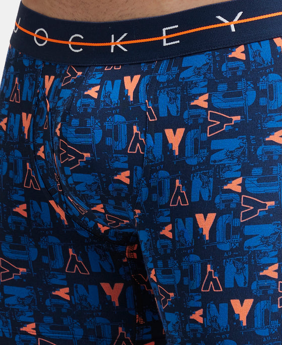 Super Combed Cotton Elastane Printed Boxer Brief with Ultrasoft Waistband - Navy & Orange