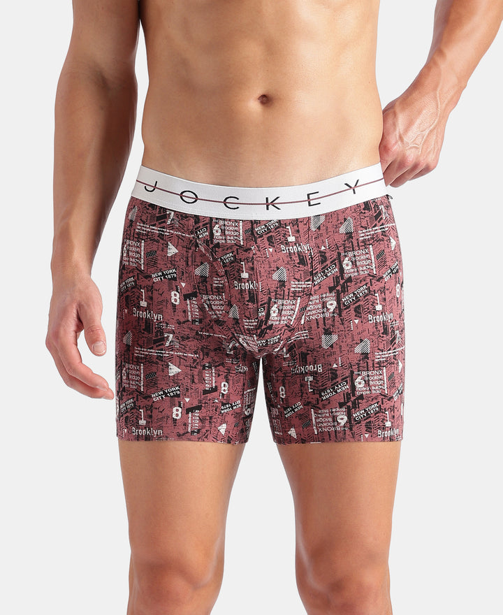 Super Combed Cotton Elastane Stretch Printed Boxer Brief with Ultrasoft Waistband - White, Black & Roan Rouge