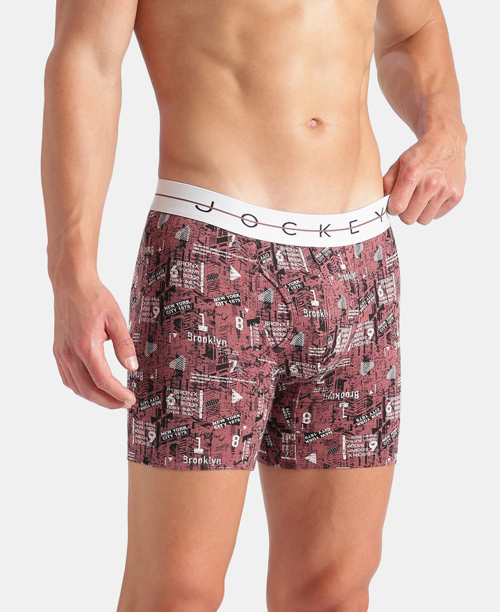 Super Combed Cotton Elastane Stretch Printed Boxer Brief with Ultrasoft Waistband - White, Black & Roan Rouge