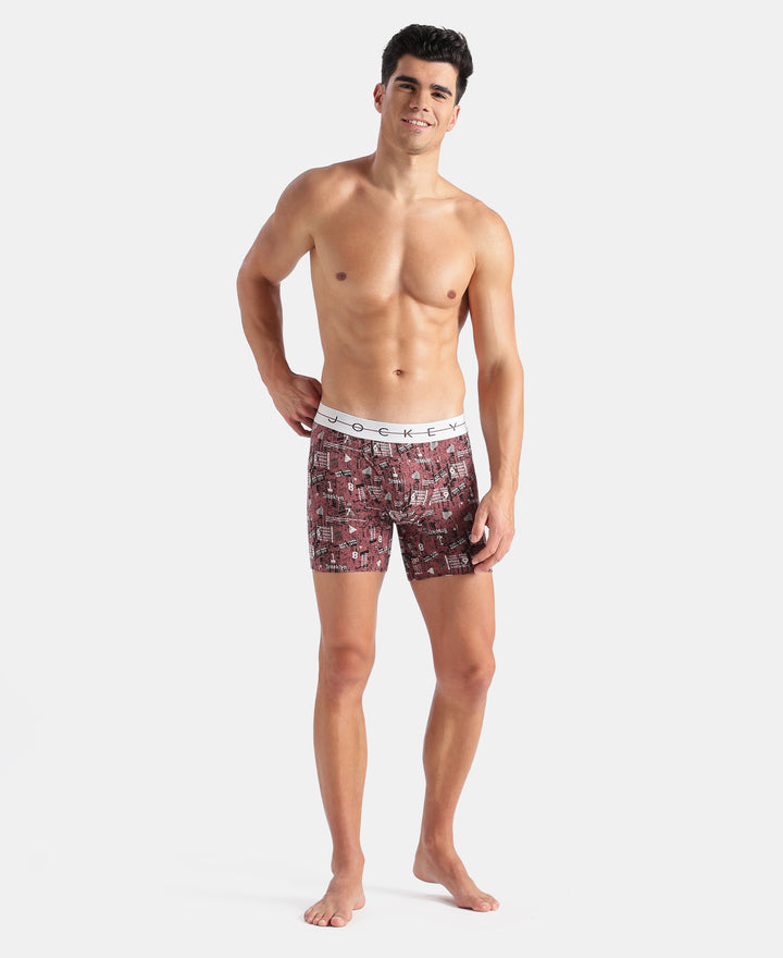 Super Combed Cotton Elastane Stretch Printed Boxer Brief with Ultrasoft Waistband - White, Black & Roan Rouge