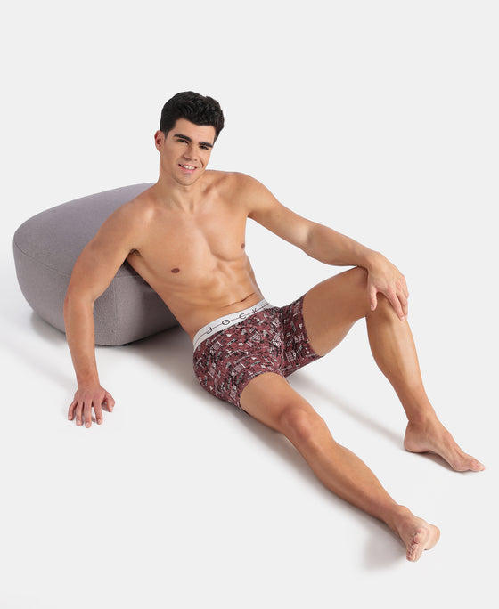 Super Combed Cotton Elastane Stretch Printed Boxer Brief with Ultrasoft Waistband - White, Black & Roan Rouge
