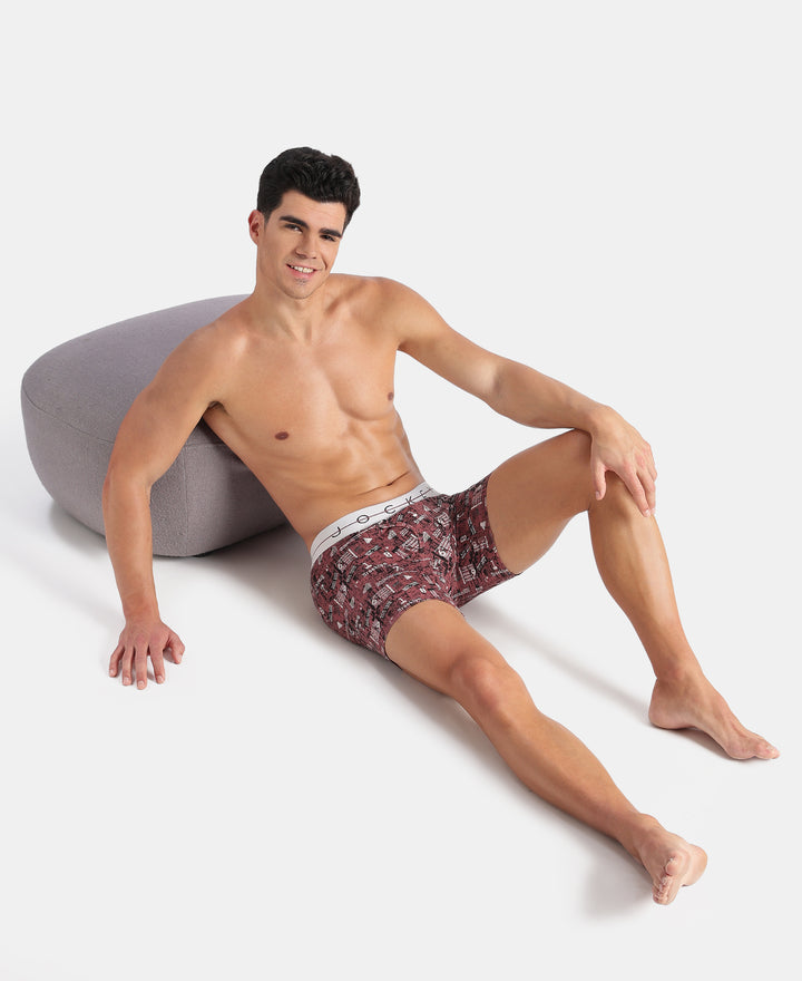 Super Combed Cotton Elastane Stretch Printed Boxer Brief with Ultrasoft Waistband - White, Black & Roan Rouge