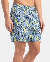 Super Combed Cotton Satin Weave Printed Boxer Shorts with Side Pocket - Dusk Blue