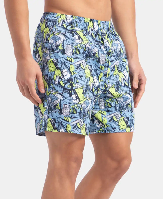 Super Combed Cotton Satin Weave Printed Boxer Shorts with Side Pocket - Dusk Blue