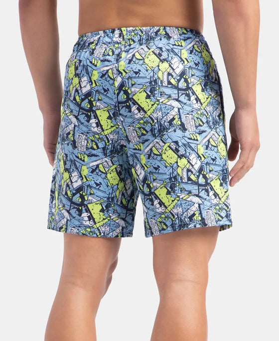 Super Combed Cotton Satin Weave Printed Boxer Shorts with Side Pocket - Dusk Blue