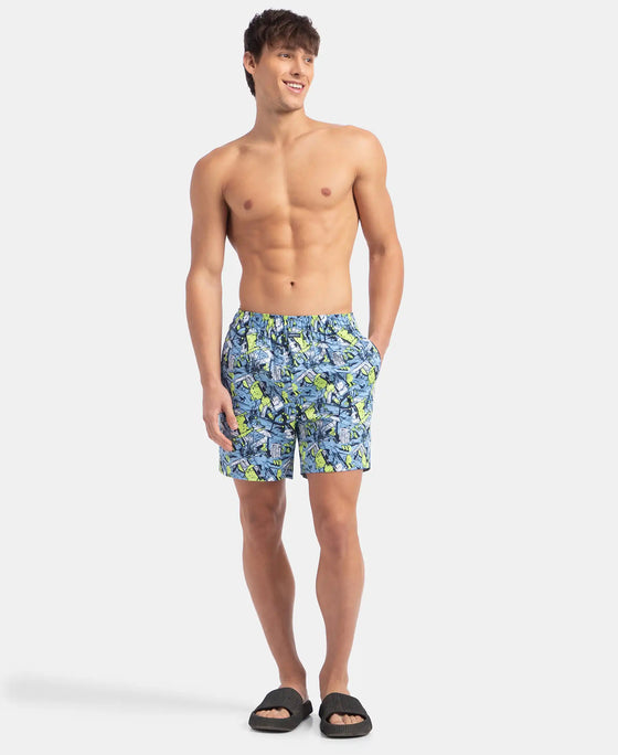 Super Combed Cotton Satin Weave Printed Boxer Shorts with Side Pocket - Dusk Blue