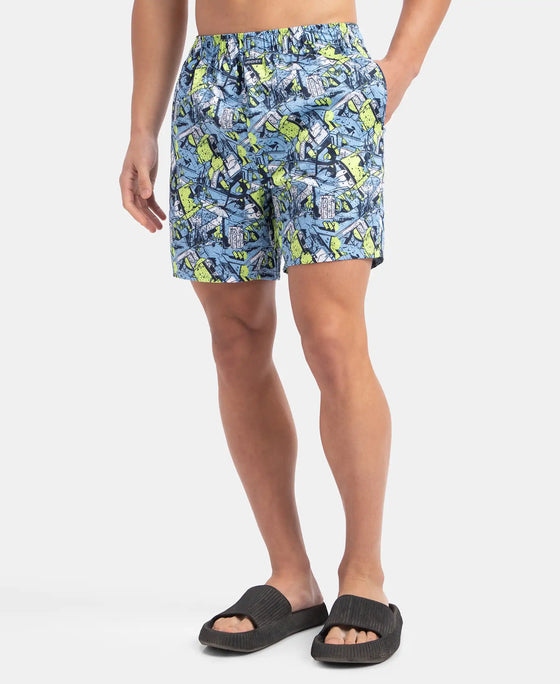 Super Combed Cotton Satin Weave Printed Boxer Shorts with Side Pocket - Dusk Blue