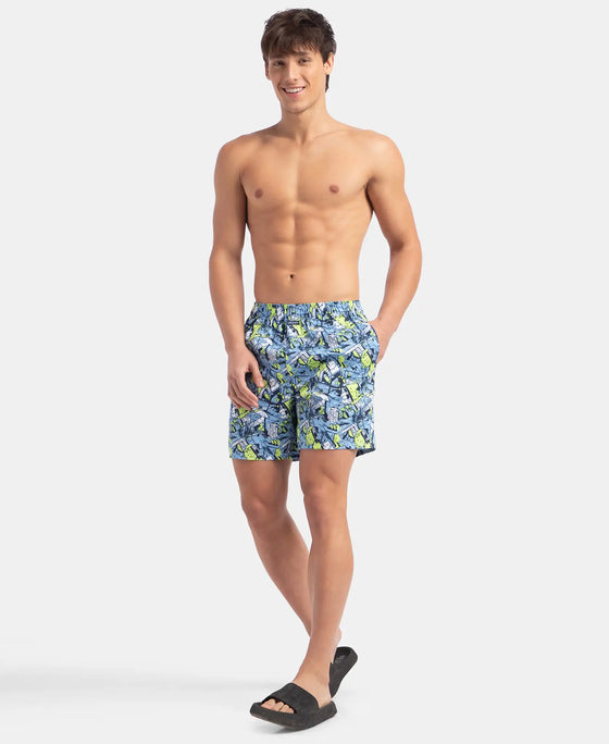 Super Combed Cotton Satin Weave Printed Boxer Shorts with Side Pocket - Dusk Blue