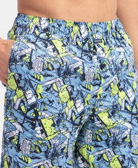 Super Combed Cotton Satin Weave Printed Boxer Shorts with Side Pocket - Dusk Blue