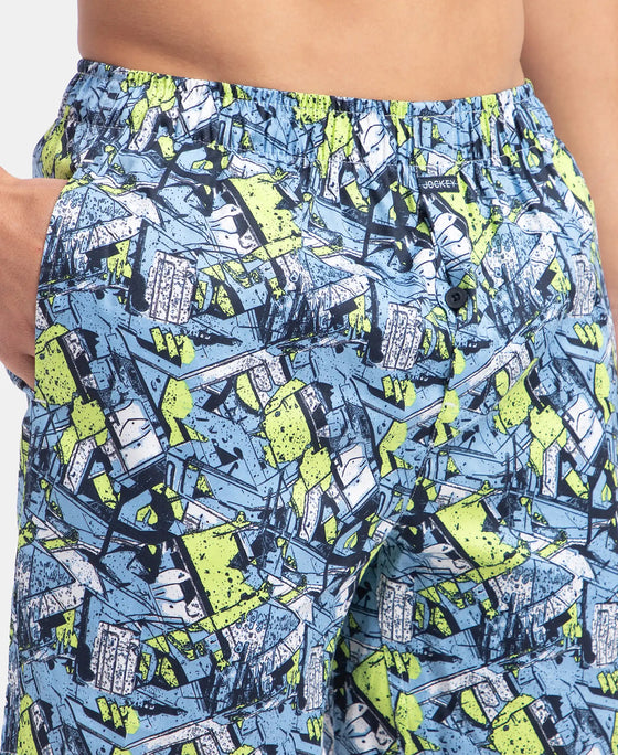 Super Combed Cotton Satin Weave Printed Boxer Shorts with Side Pocket - Dusk Blue