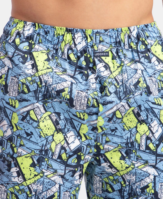 Super Combed Cotton Satin Weave Printed Boxer Shorts with Side Pocket - Dusk Blue