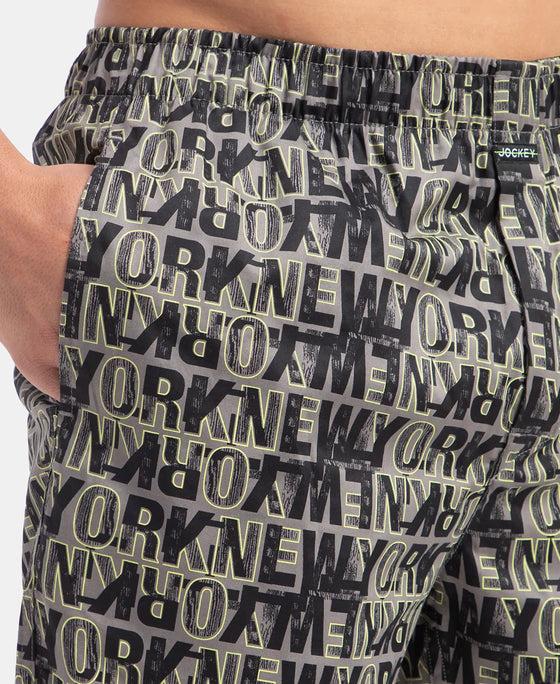 Super Combed Cotton Satin Weave Printed Boxer Shorts with Side Pocket - Grey