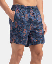 Super Combed Cotton Satin Weave Printed Boxer Shorts with Side Pocket - Navy