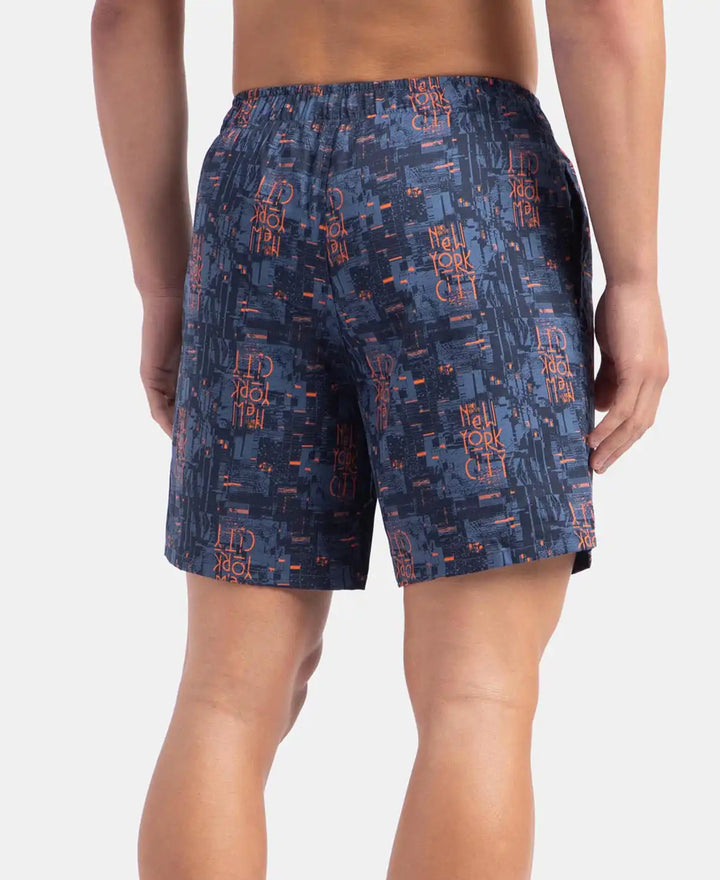 Super Combed Cotton Satin Weave Printed Boxer Shorts with Side Pocket - Navy