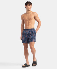 Super Combed Cotton Satin Weave Printed Boxer Shorts with Side Pocket - Navy