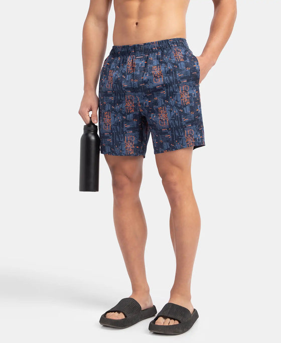 Super Combed Cotton Satin Weave Printed Boxer Shorts with Side Pocket - Navy