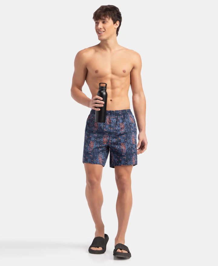Super Combed Cotton Satin Weave Printed Boxer Shorts with Side Pocket - Navy