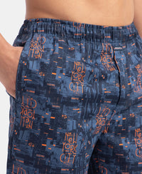 Super Combed Cotton Satin Weave Printed Boxer Shorts with Side Pocket - Navy
