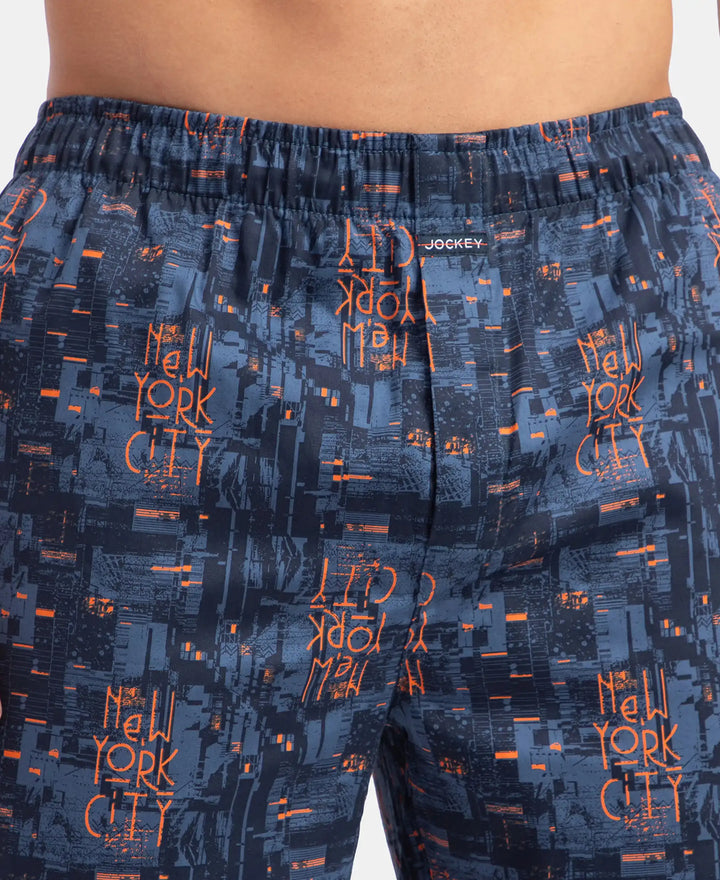 Super Combed Cotton Satin Weave Printed Boxer Shorts with Side Pocket - Navy
