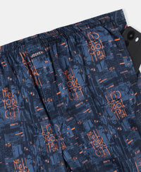 Super Combed Cotton Satin Weave Printed Boxer Shorts with Side Pocket - Navy