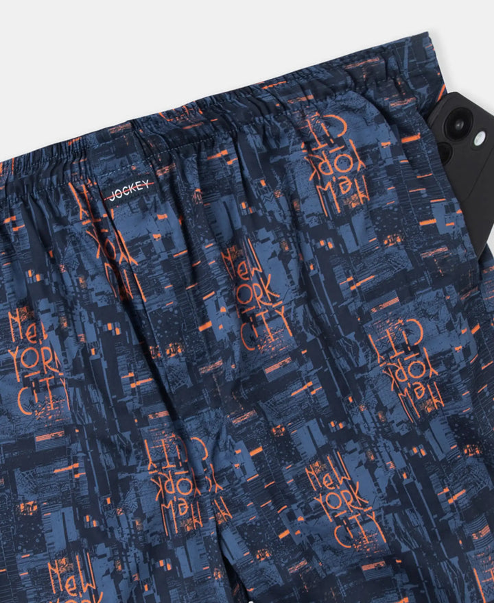 Super Combed Cotton Satin Weave Printed Boxer Shorts with Side Pocket - Navy