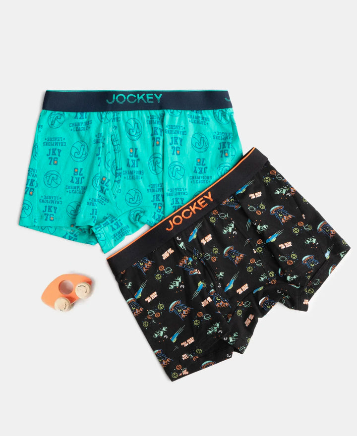 Super Combed Cotton Elastane Stretch Printed Trunk with Ultrasoft Waistband - Black & Billiard Green (Pack of 2)