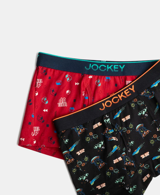 Super Combed Cotton Elastane Stretch Printed Trunk with Ultrasoft Waistband - Chilli Pepper & Black (Pack of 2)