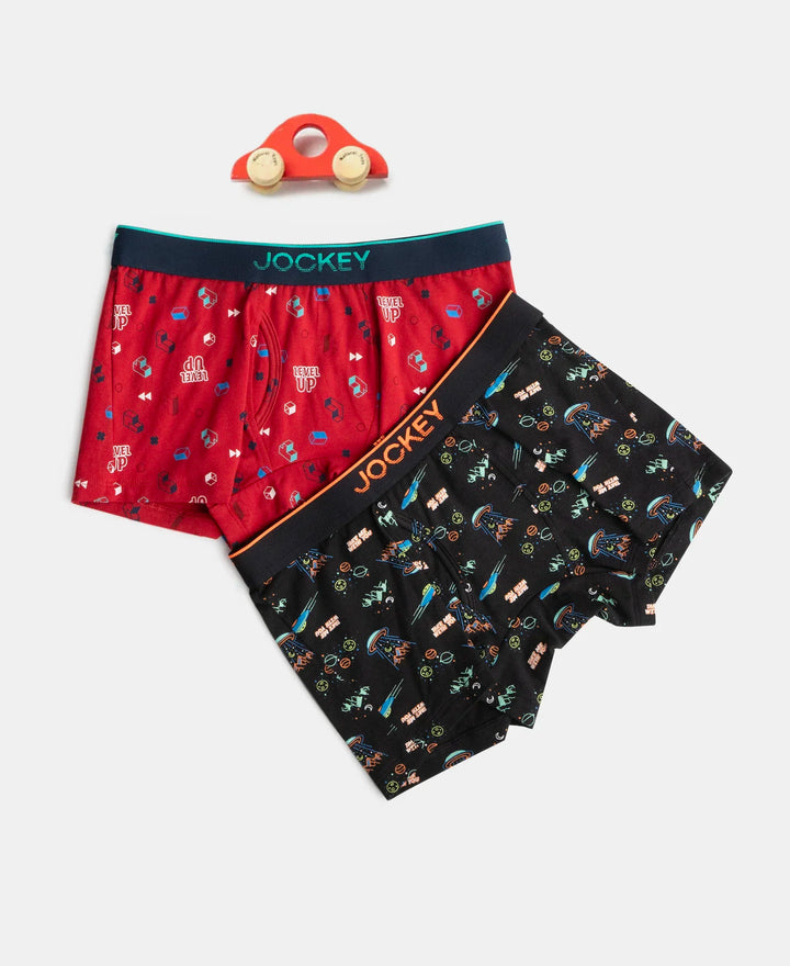 Super Combed Cotton Elastane Stretch Printed Trunk with Ultrasoft Waistband - Chilli Pepper & Black (Pack of 2)