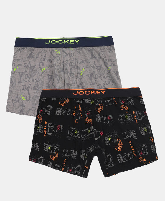 Super Combed Cotton Elastane Stretch Printed Trunk with Ultrasoft Waistband - Grey & Black (Pack of 2)