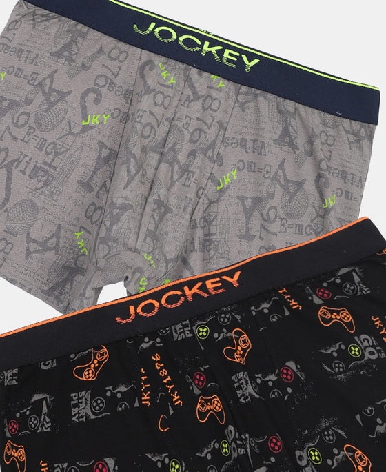 Super Combed Cotton Elastane Stretch Printed Trunk with Ultrasoft Waistband - Grey & Black (Pack of 2)