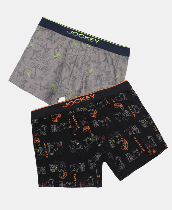 Super Combed Cotton Elastane Stretch Printed Trunk with Ultrasoft Waistband - Grey & Black (Pack of 2)