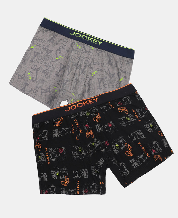Super Combed Cotton Elastane Stretch Printed Trunk with Ultrasoft Waistband - Grey & Black (Pack of 2)