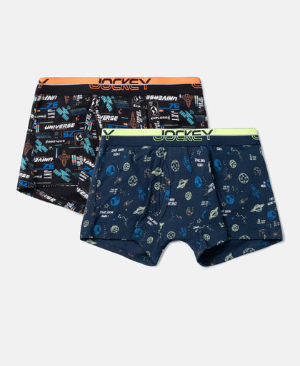 Super Combed Cotton Elastane Stretch Printed Trunk with Ultrasoft Waistband - Navy & Black (Pack of 2)