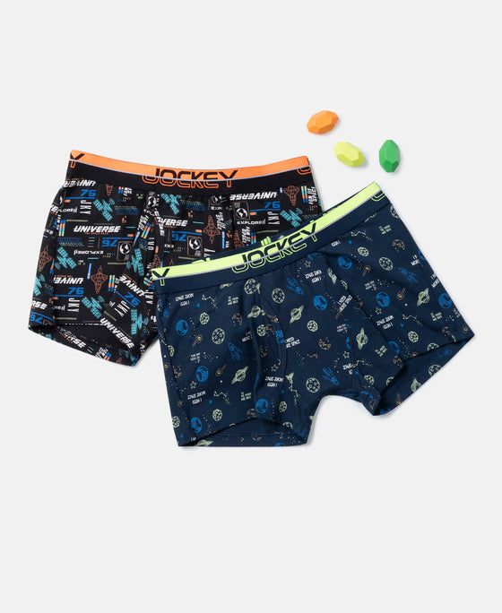 Super Combed Cotton Elastane Stretch Printed Trunk with Ultrasoft Waistband - Navy & Black (Pack of 2)