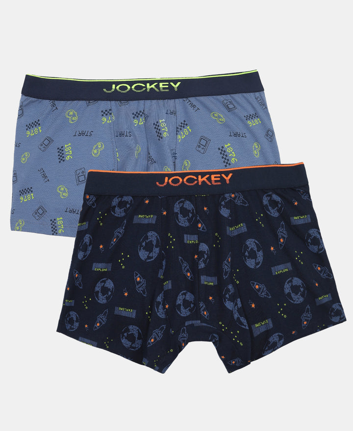Super Combed Cotton Elastane Stretch Printed Trunk with Ultrasoft Waistband - Navy & Frost (Pack of 2)