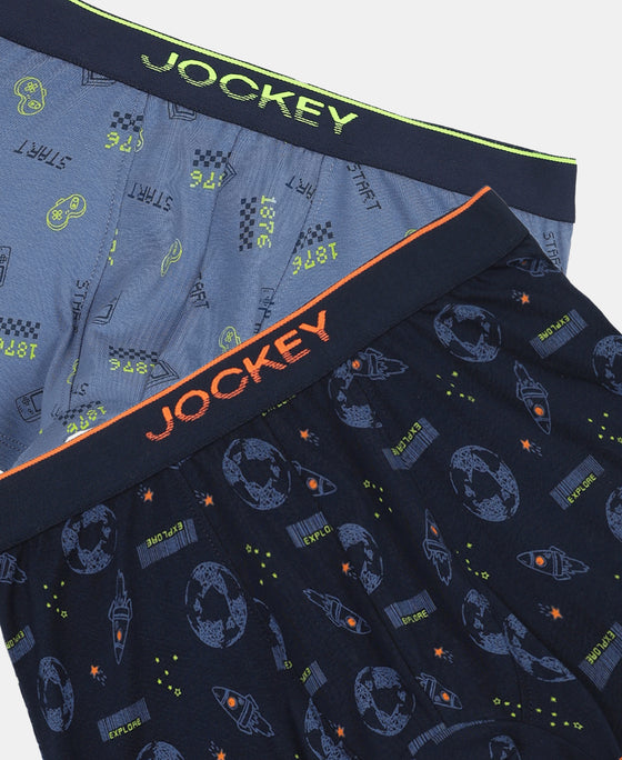 Super Combed Cotton Elastane Stretch Printed Trunk with Ultrasoft Waistband - Navy & Frost (Pack of 2)