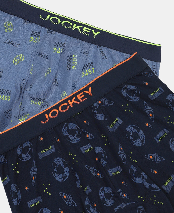 Super Combed Cotton Elastane Stretch Printed Trunk with Ultrasoft Waistband - Navy & Frost (Pack of 2)